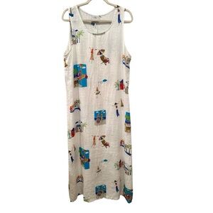Hot Cotton 100% Linen Graphic Maxi Dress Travel Vacation Coastal Resort Sz XL